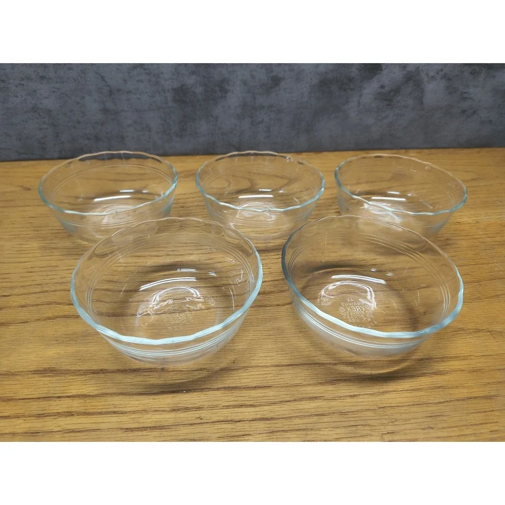 Set‎ of 5 Pyrex 464 Clear Glass Custard Bowls 10oz 300ml 3 Ring Vintage USA